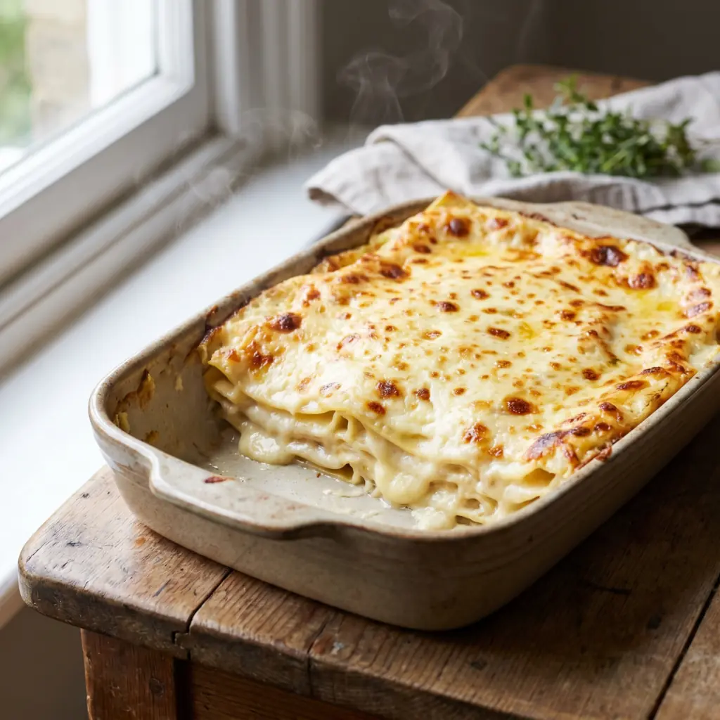 Lasanha ao molho branco gratinada, com a borda dourada
