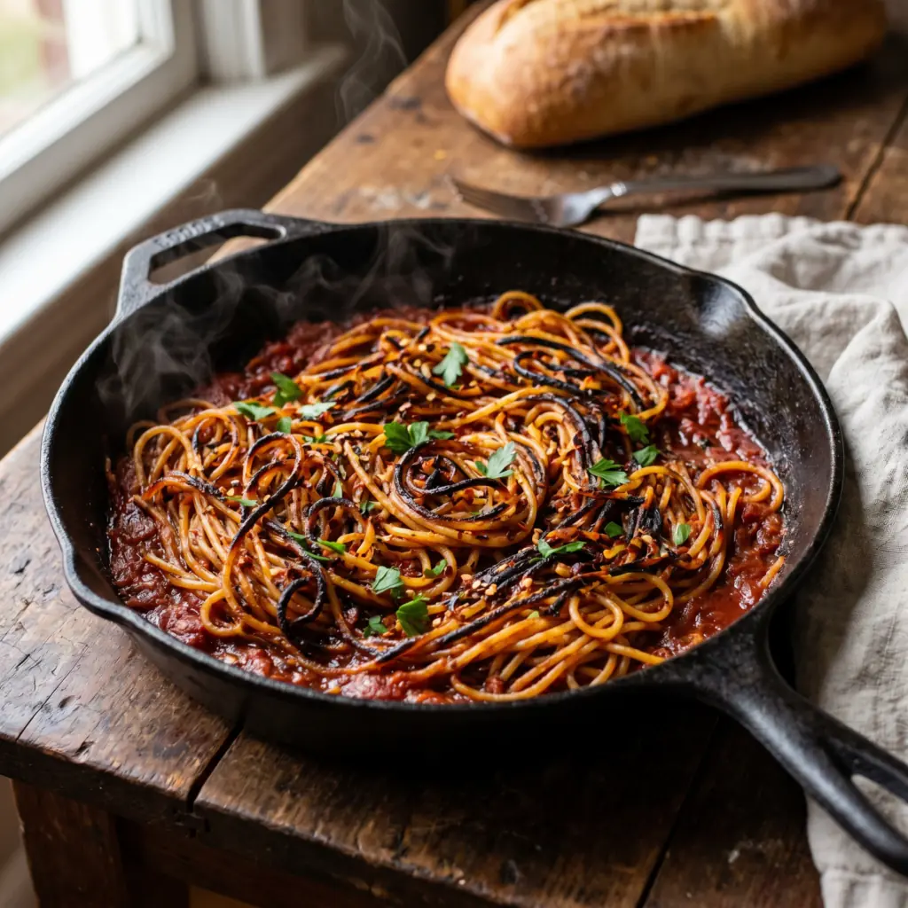 Spaghetti all assassina tostado na frigideira de ferro com molho de tomate