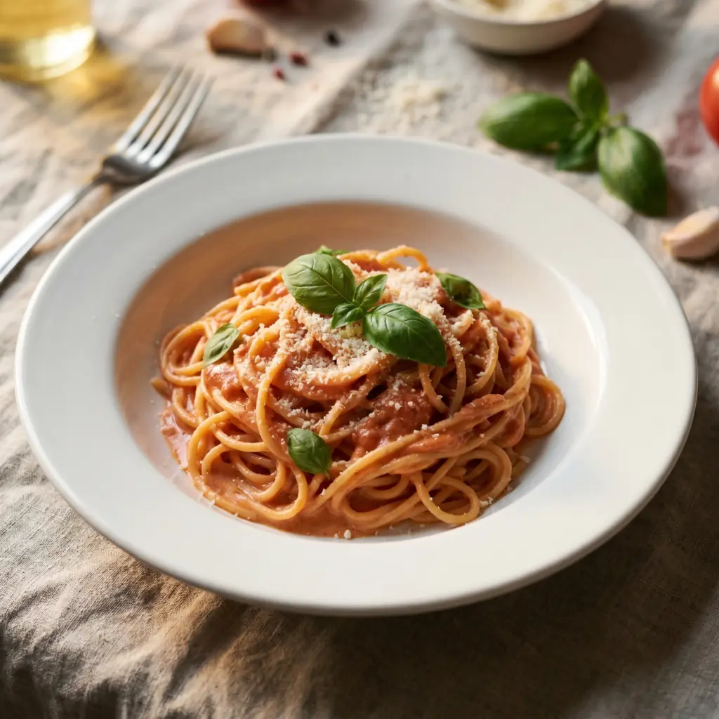 Spaghetti ao molho rosé servido em prato fundo branco