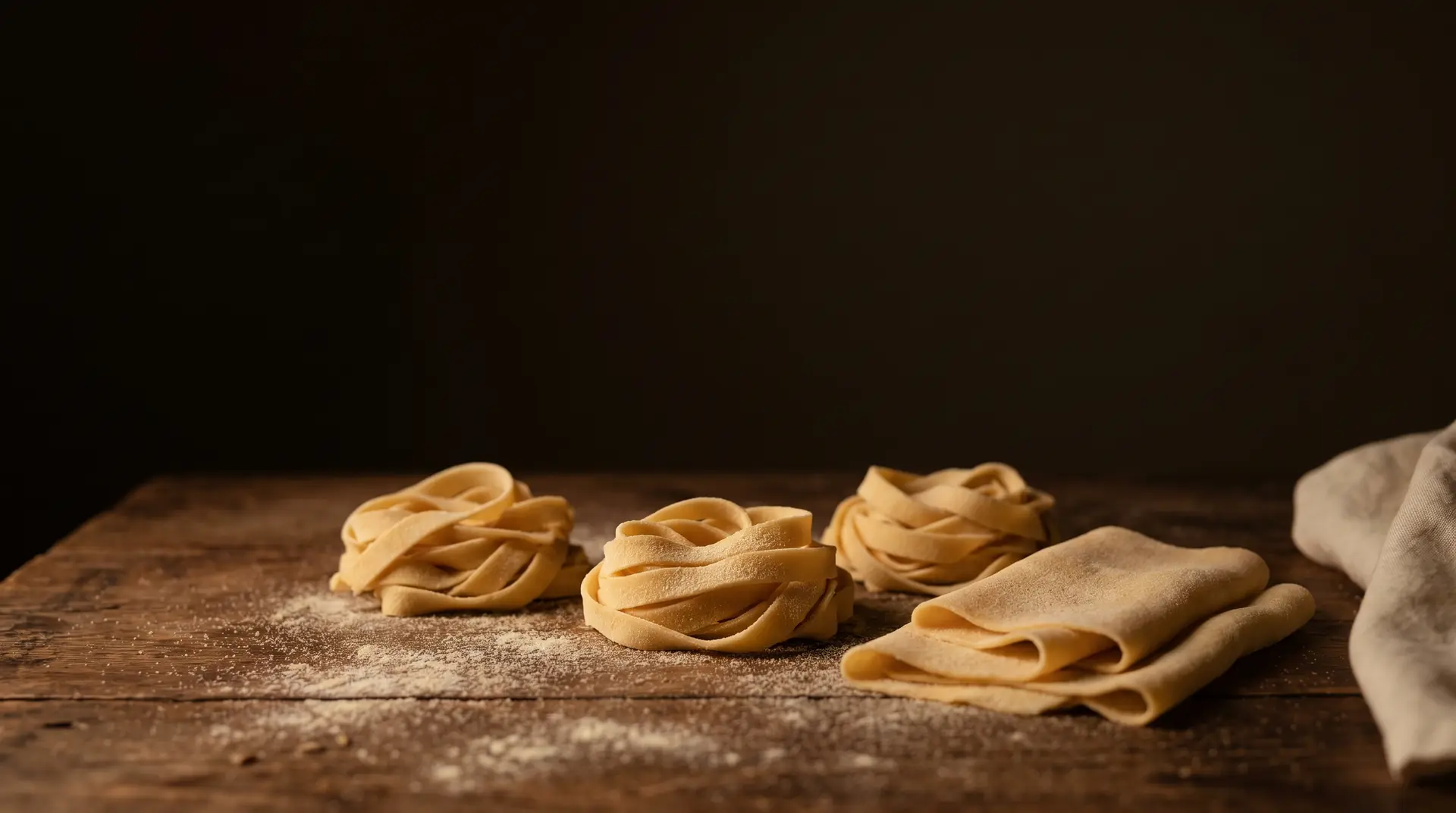 Ninho de tagliatelle fresco sobre a tábua enfarinhada