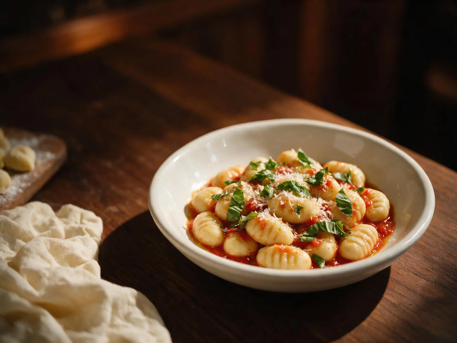 Nhoque italiano ao pomodoro leve, servido à mesa