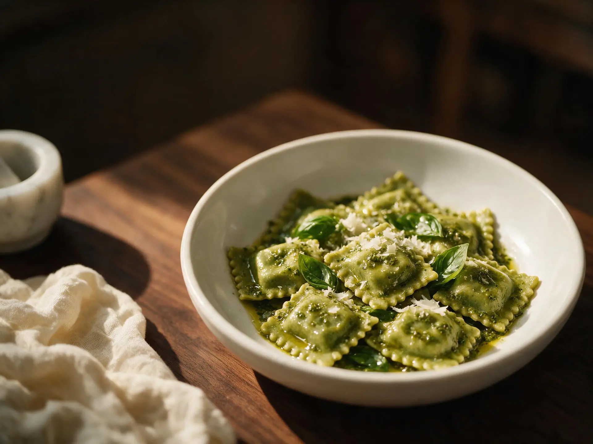 Ravioli de espinafre ao pesto, servido à mesa