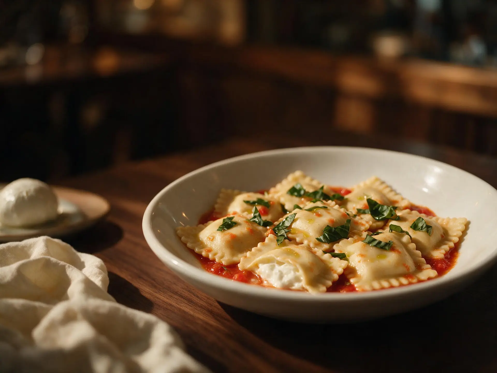 Ravioli de mussarela de búfala à tomatada leve, servido à mesa