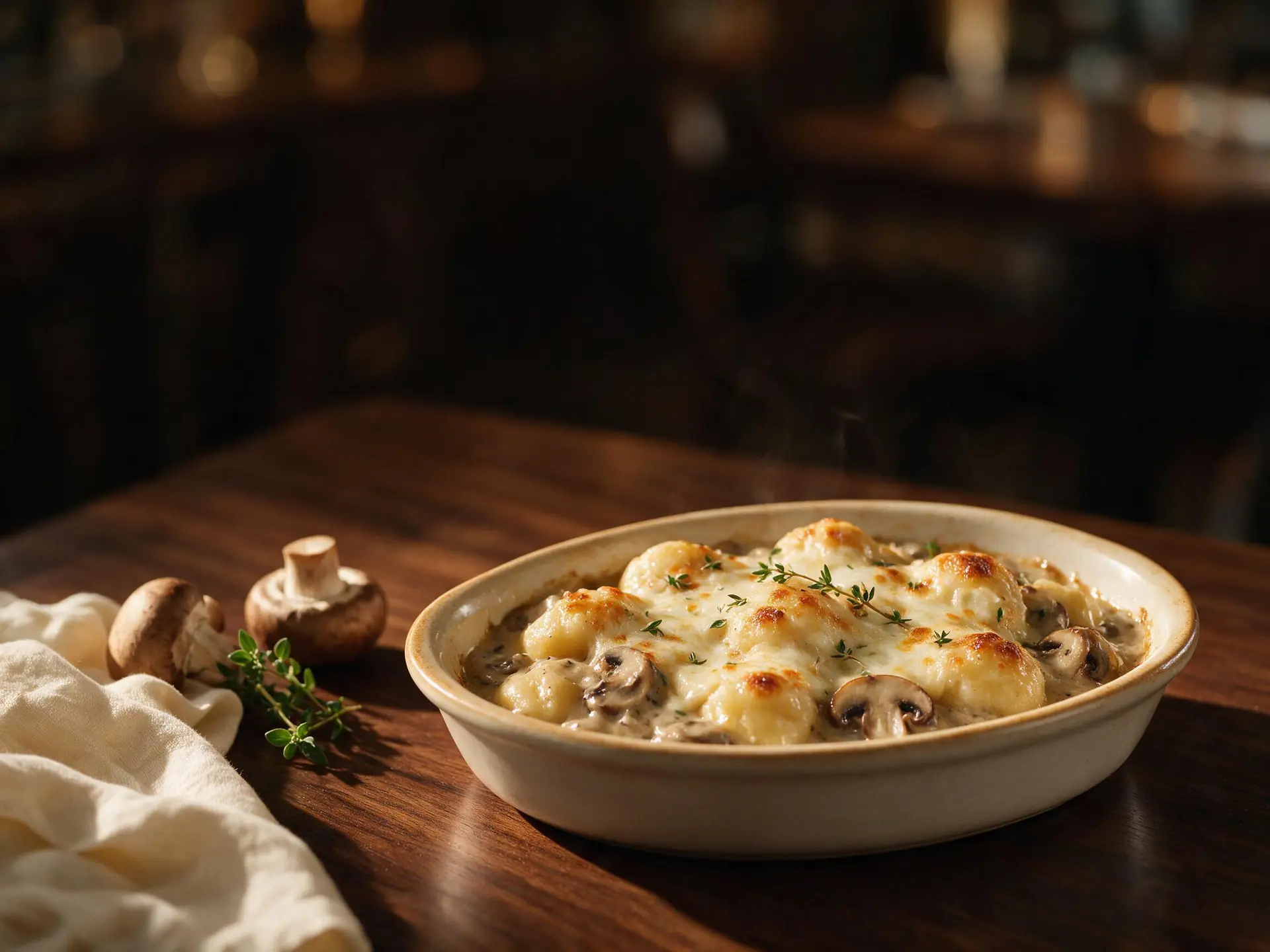 Romanito de brie ao funghi, servido à mesa