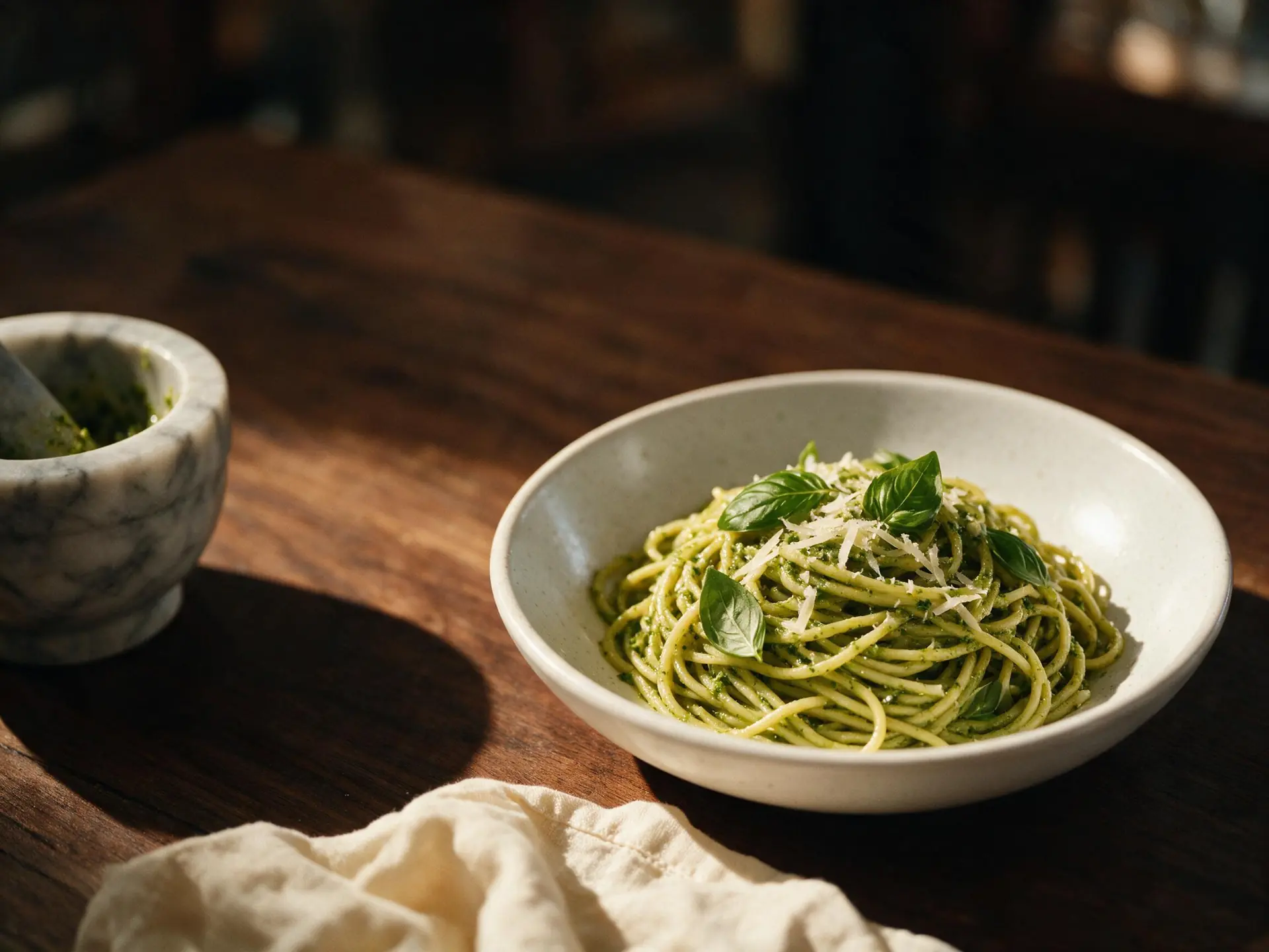 Spaghetti ao pesto, servido à mesa