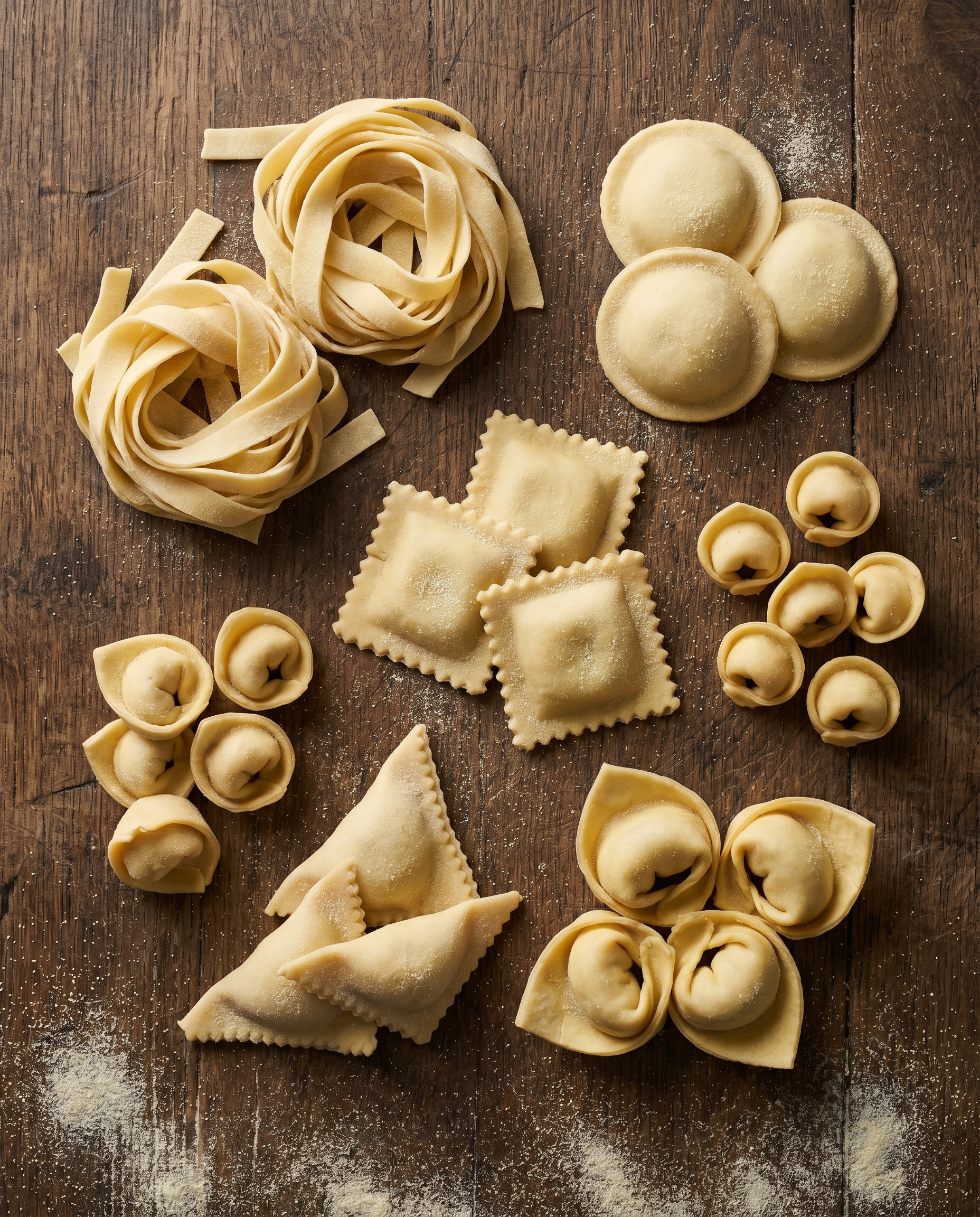 Variedade de massas artesanais frescas do Pastifício Primo: tagliatelle, sorrentino, ravioli, cappelletti e tortelloni sobre madeira escura