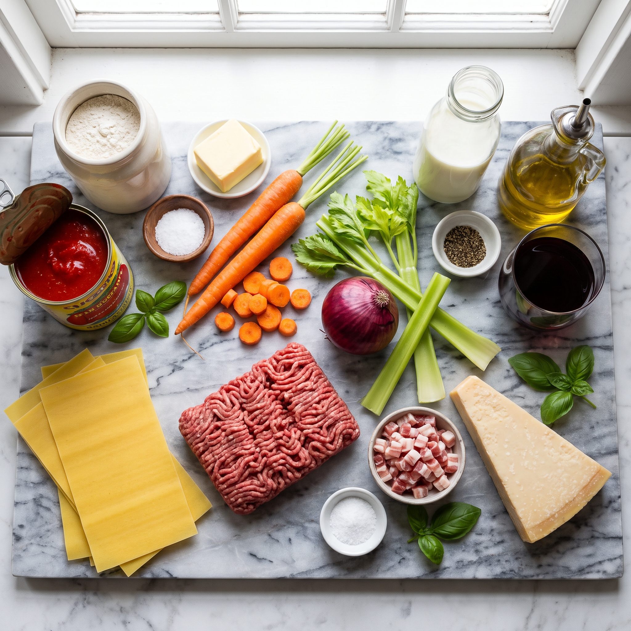 Ingredientes da lasanha à bolonhesa dispostos sobre superfície rústica: massa fresca, carne moída, pancetta, legumes, tomates, manteiga, leite e parmesão