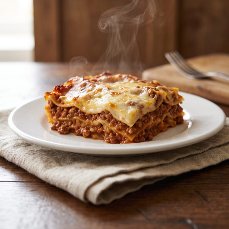 Fatia de lasanha à bolonhesa recém cortada, com camadas de ragù, bechamel e parmesão dourado, servida em prato sobre mesa rústica