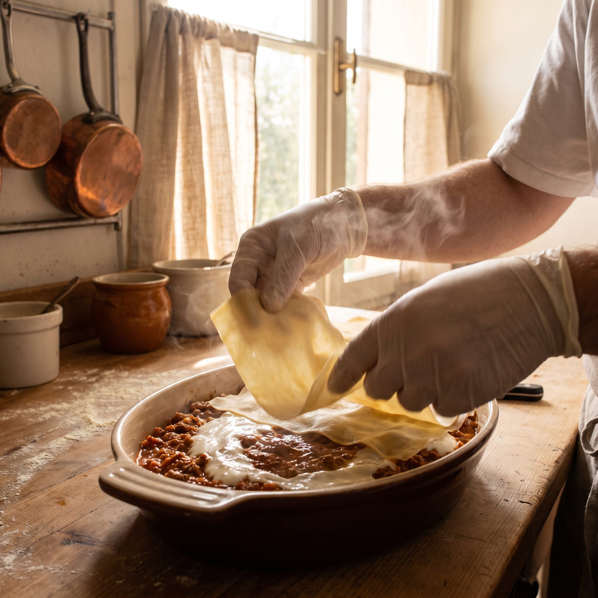 Mãos montando camadas de lasanha à bolonhesa em refratário com ragù e bechamel