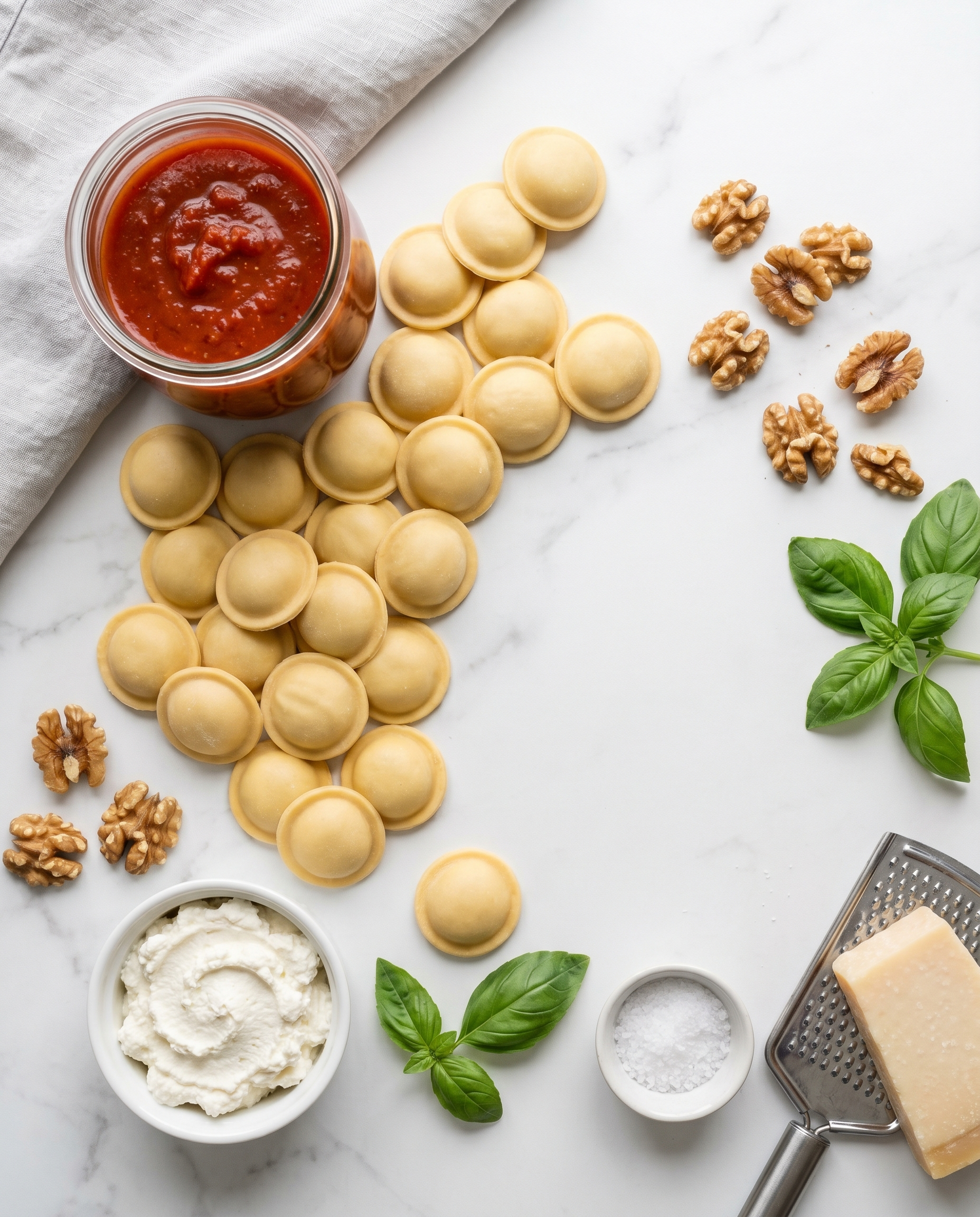 Ingredientes do sorrentino de ricota e nozes com pomodoro integral dispostos sobre mármore: massa fresca, pote de molho, nozes, ricota e manjericão