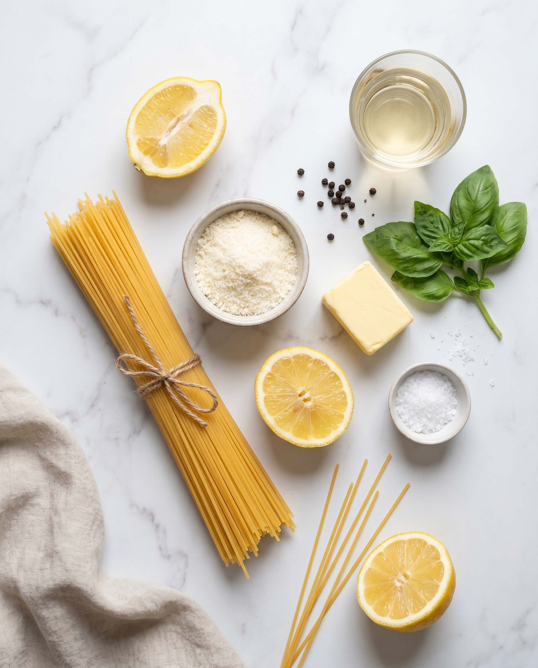 Ingredientes do spaghetti al limone dispostos em mármore: spaghetti artesanal, limões-sicilianos cortados, manteiga, parmesão e manjericão