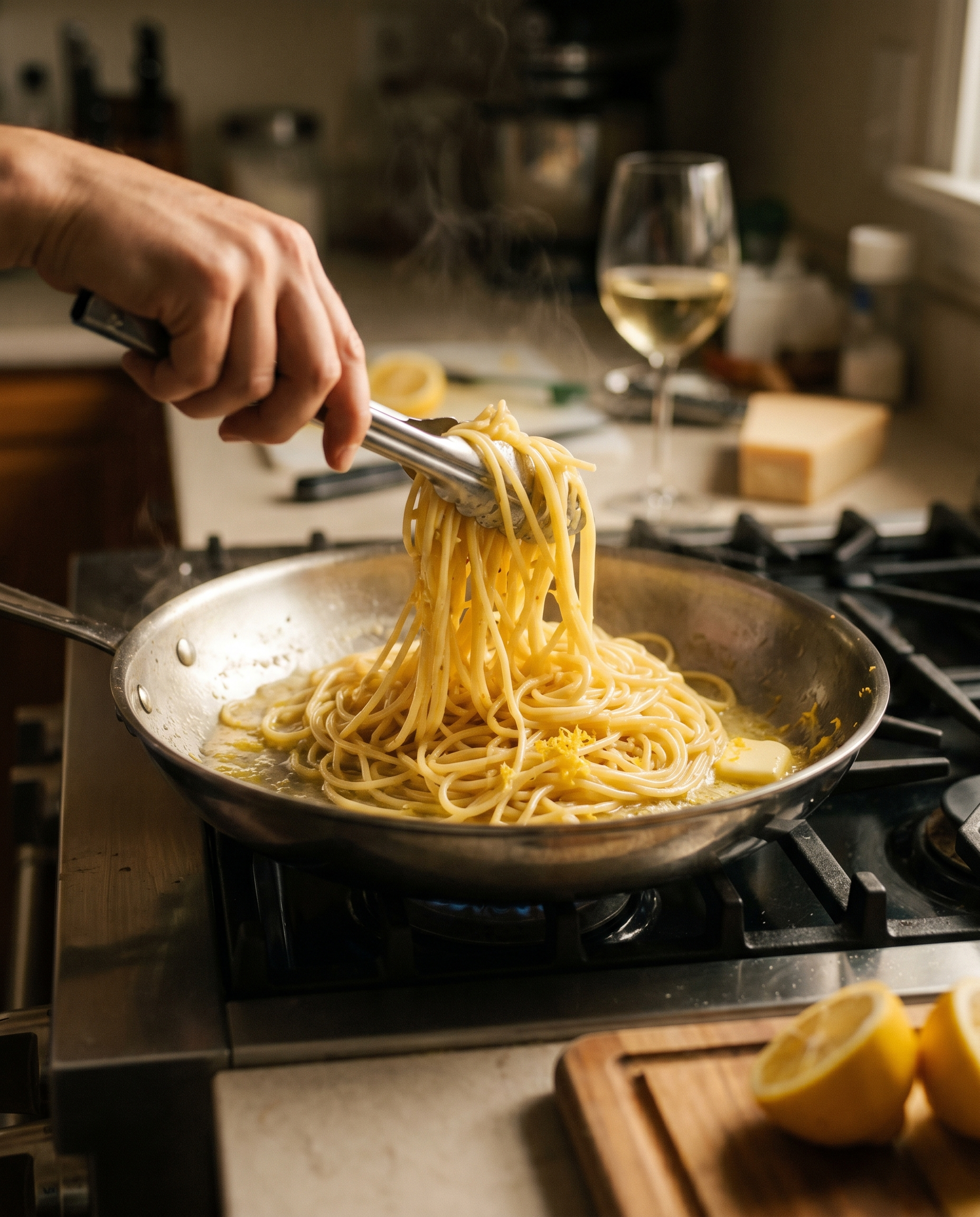 Spaghetti al limone sendo finalizado na frigideira com molho de manteiga e limão, raspas de limão-siciliano e toque de parmesão