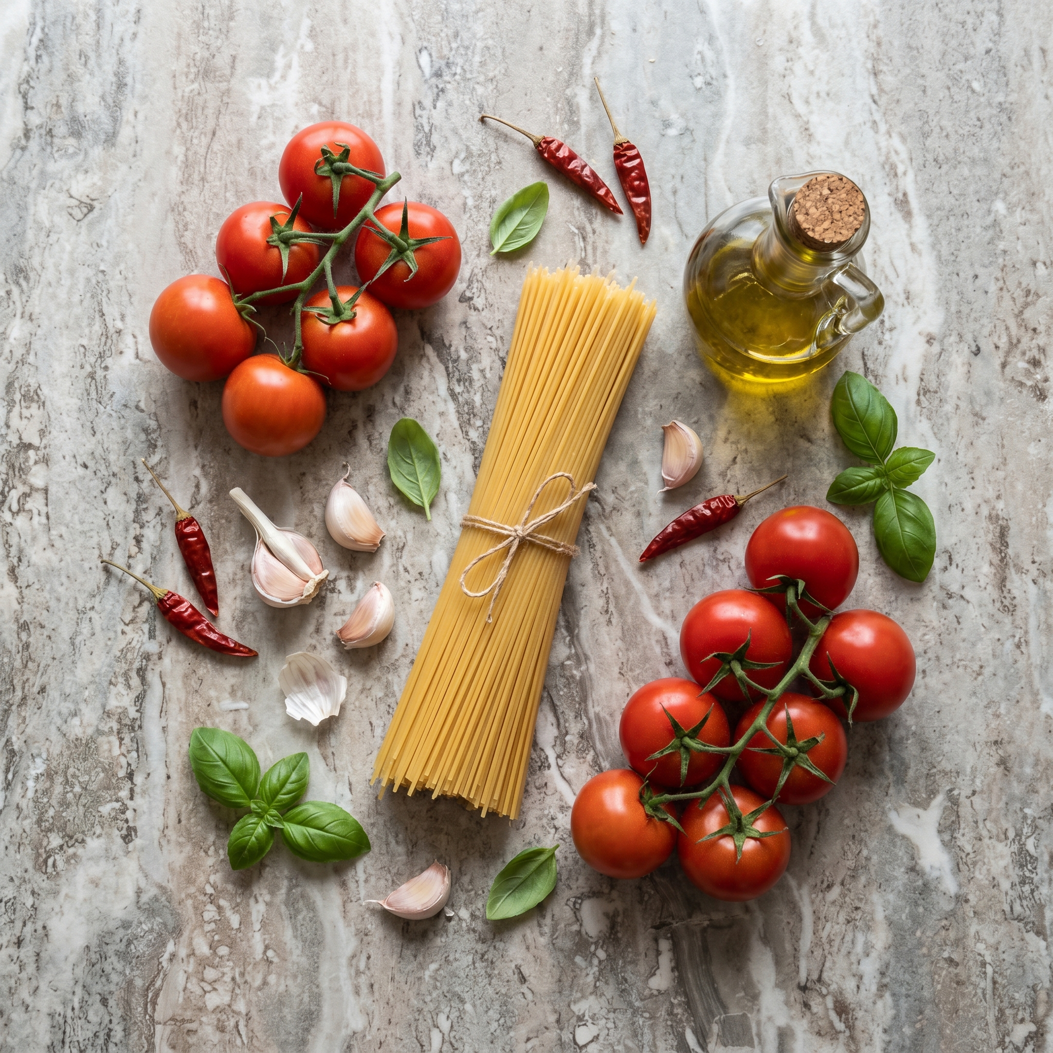 Ingredientes do spaghetti all'assassina dispostos sobre superfície rústica: spaghetti seco, tomates, alho, pimenta calabresa e azeite