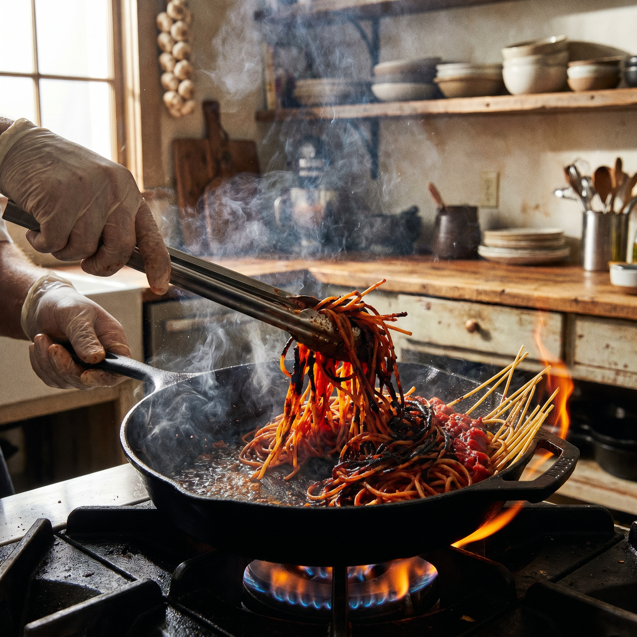 Spaghetti all'assassina sendo preparado na frigideira de ferro em fogo alto, com fumaça e molho de tomate borbulhando