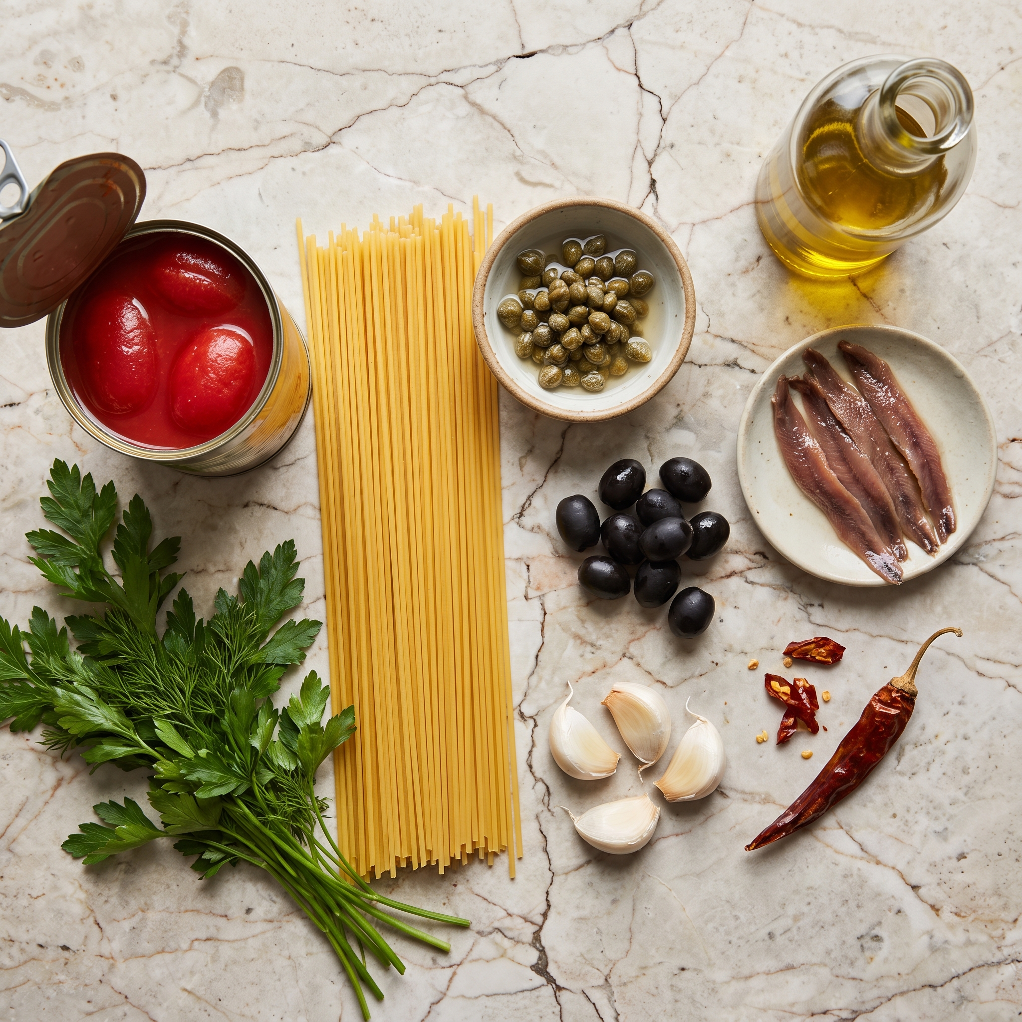 Ingredientes do spaghetti alla puttanesca dispostos sobre superfície rústica: massa, tomates, azeitonas, alcaparras, anchovas e alho