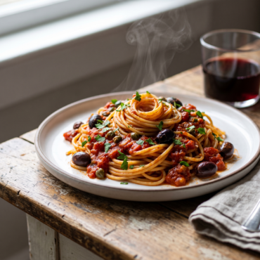 Prato de spaghetti alla puttanesca com molho de tomate, azeitonas pretas e alcaparras, servido com salsinha fresca sobre mesa rústica de madeira