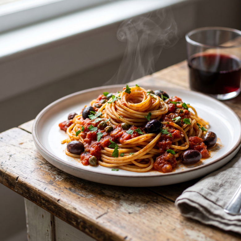 Prato de spaghetti alla puttanesca com molho de tomate, azeitonas pretas e alcaparras, servido com salsinha fresca sobre mesa rústica de madeira