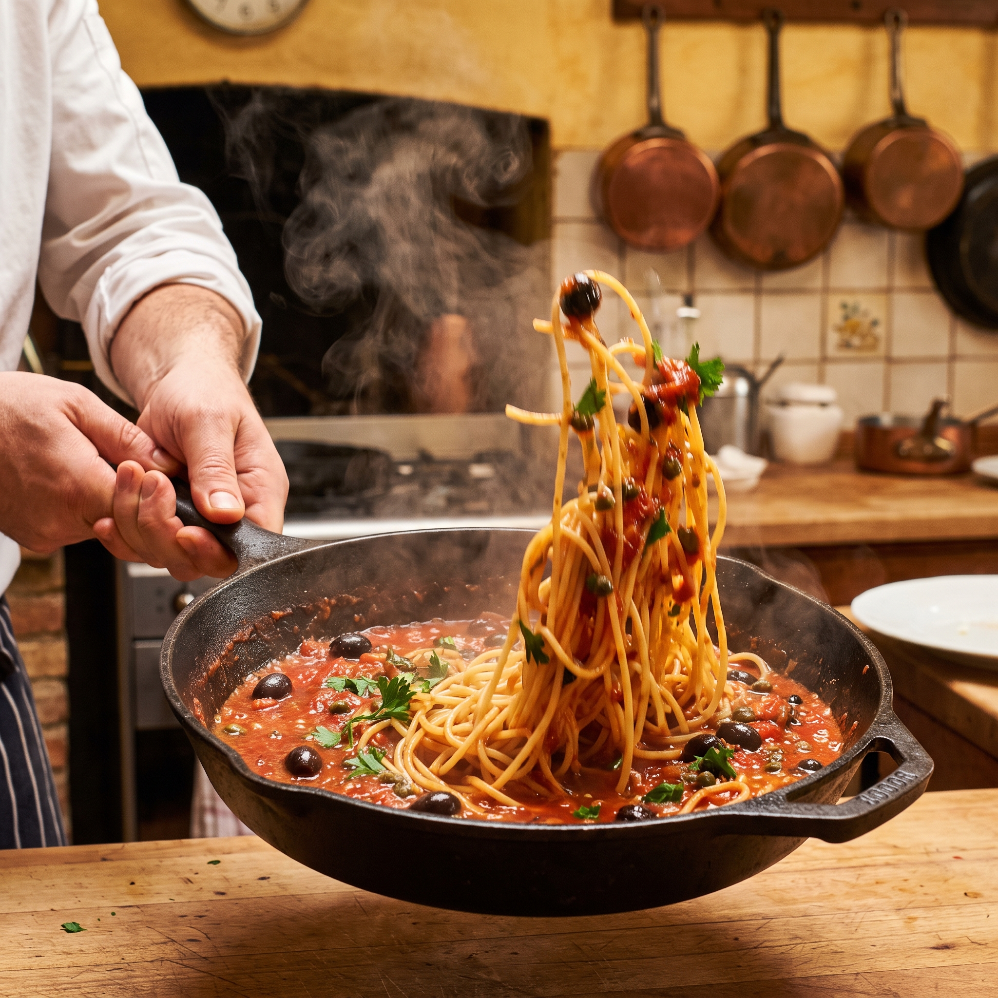 Spaghetti alla puttanesca sendo finalizado na frigideira com molho de tomate e azeitonas