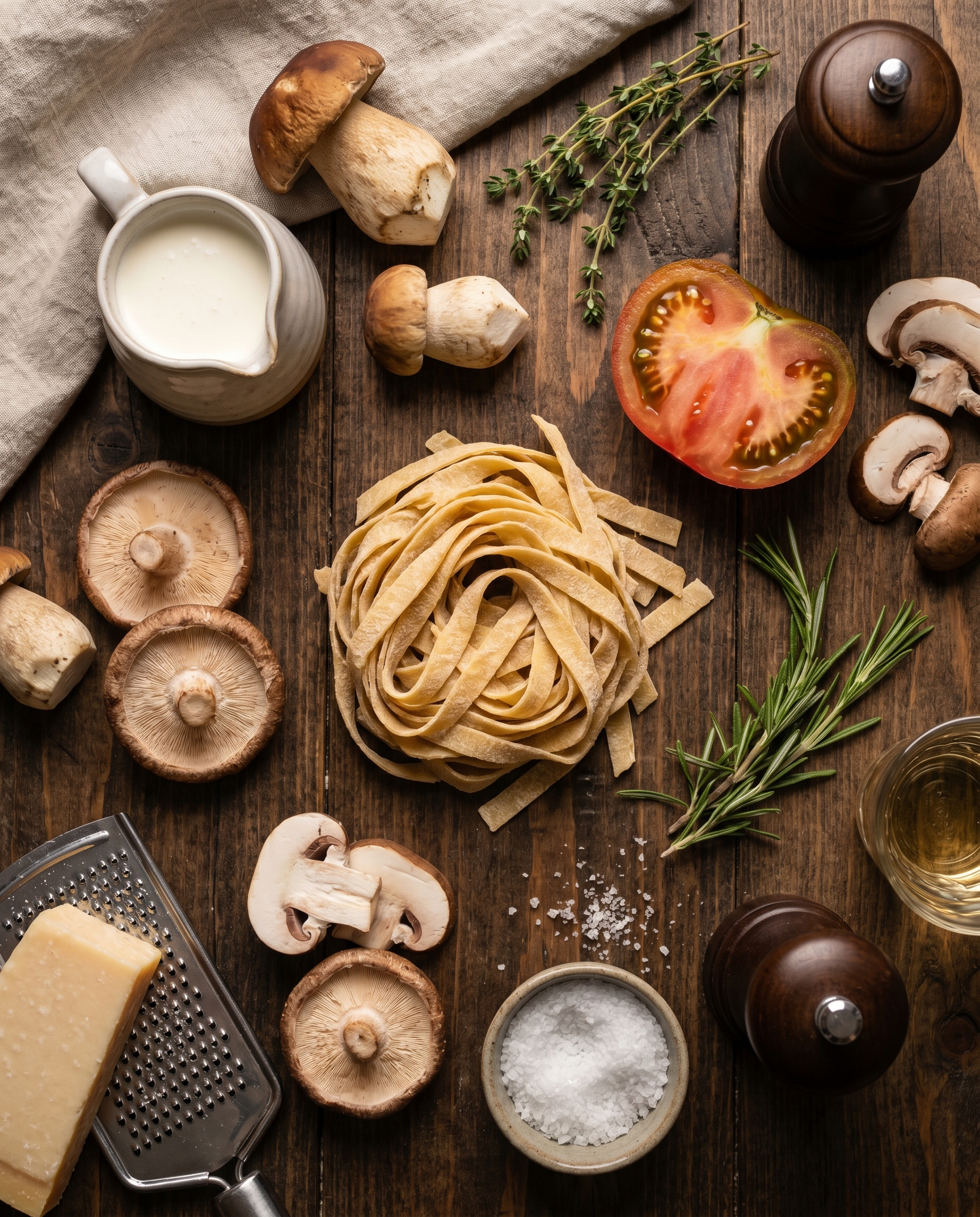 Ingredientes do tagliatelle ao molho fungi rosé dispostos em madeira escura: massa fresca, porcini secos, cogumelos frescos, creme, tomate e tomilho