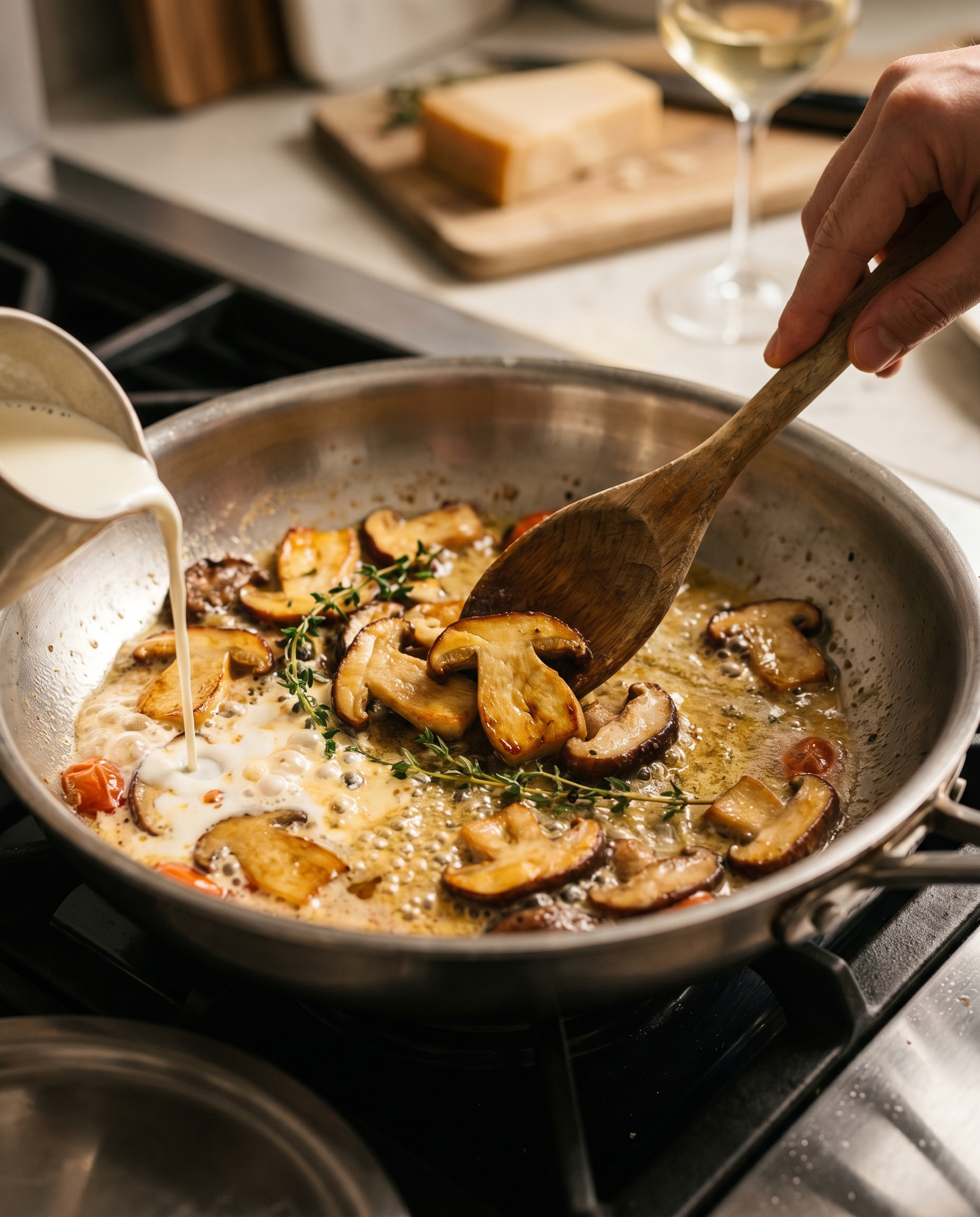 Cogumelos porcini e shiitake sendo salteados na frigideira com manteiga e creme durante o preparo do molho fungi rosé