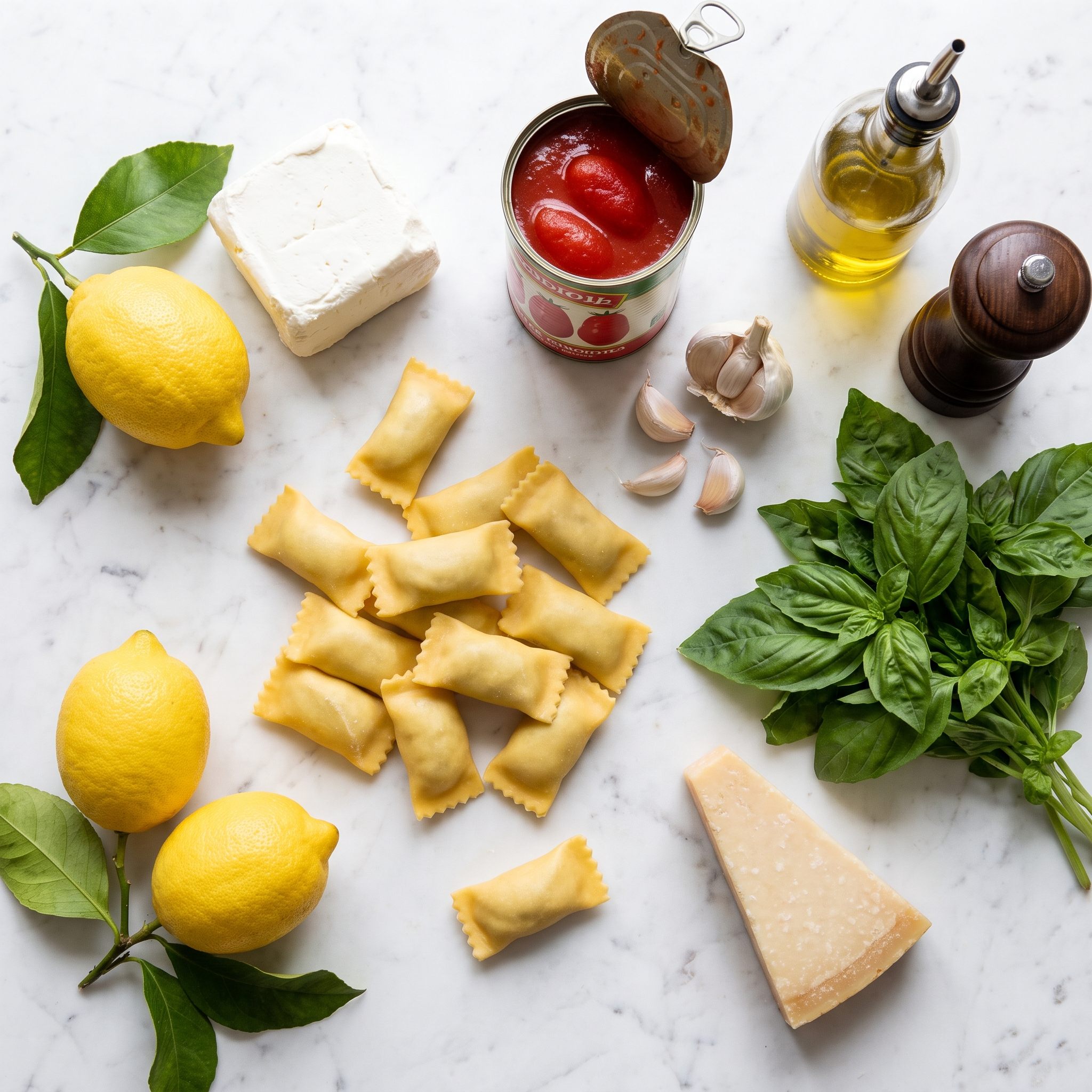 Ingredientes do agnolotti de cream cheese com limão siciliano dispostos sobre mármore: agnolotti fresco, limões sicilianos, tomates pelados, alho, manjericão, parmesão e azeite