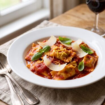 Prato de agnolotti de cream cheese com limão siciliano ao molho pomodoro, finalizado com raspas de limão, parmesão e manjericão fresco sobre mesa rústica