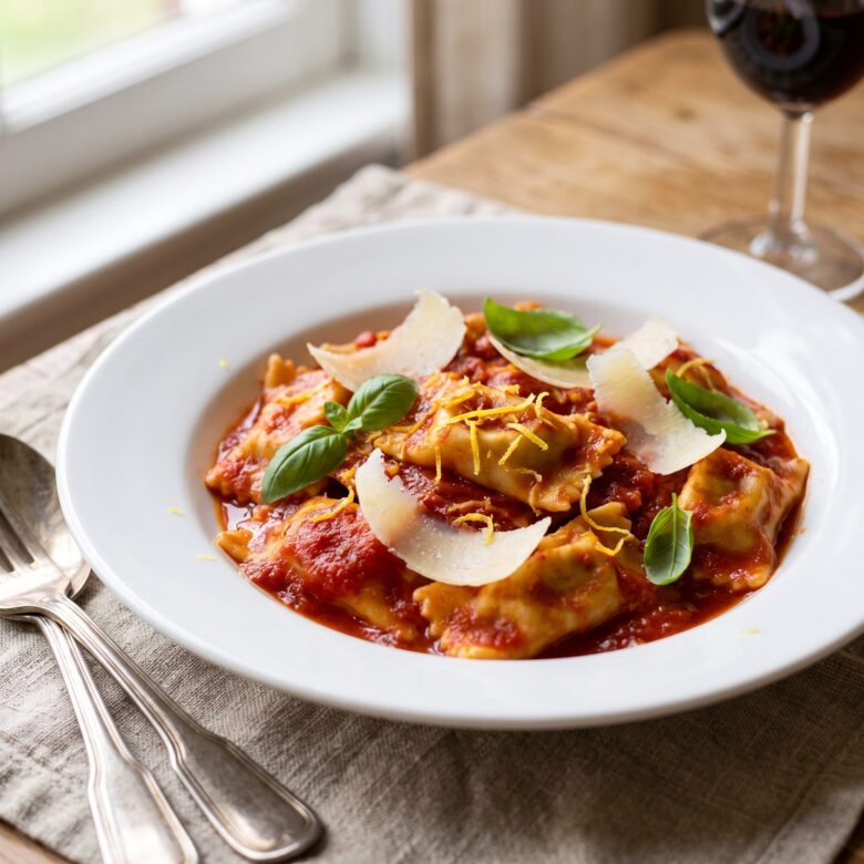 Prato de agnolotti de cream cheese com limão siciliano ao molho pomodoro, finalizado com raspas de limão, parmesão e manjericão fresco sobre mesa rústica