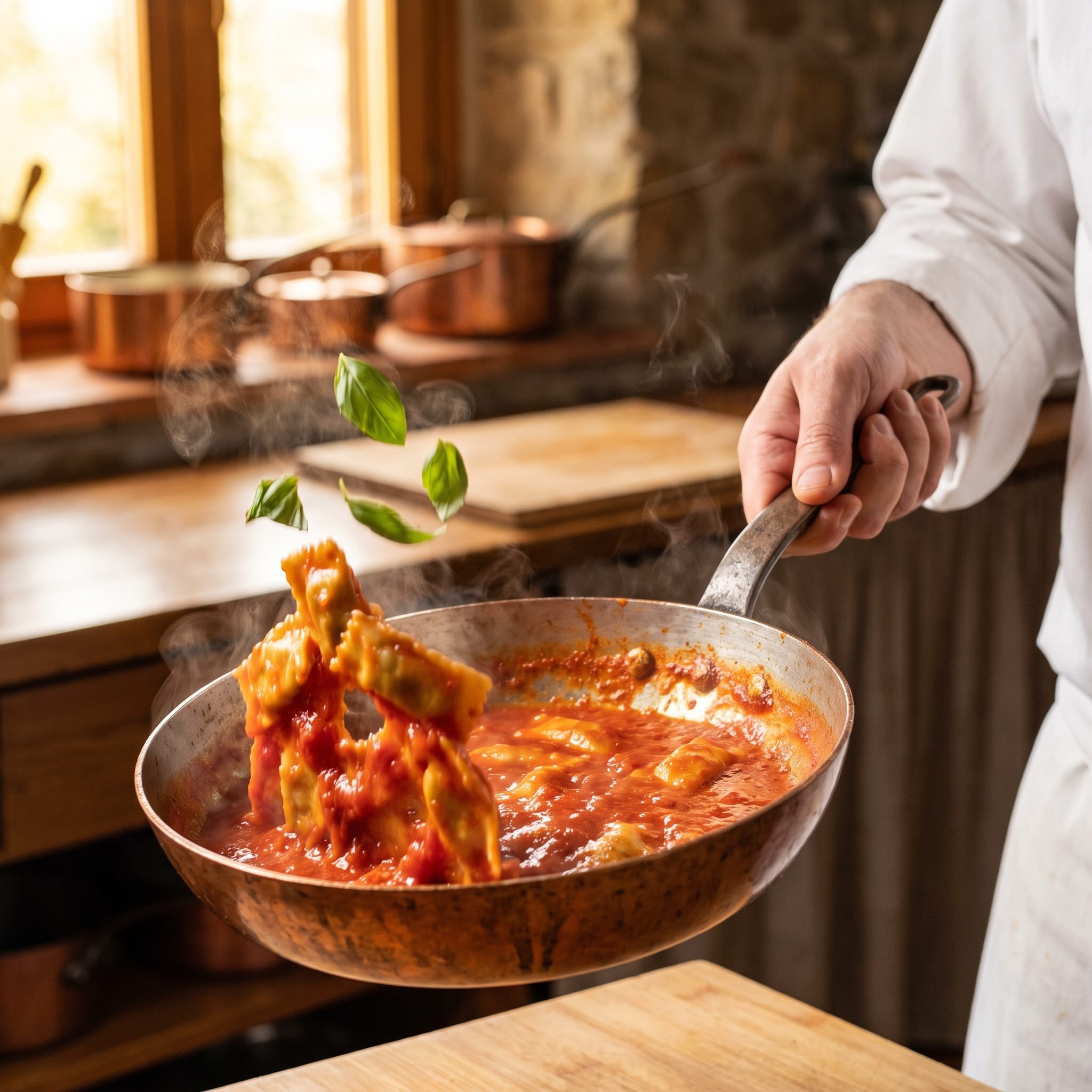 Agnolotti de cream cheese sendo finalizado na frigideira com molho pomodoro vibrante e folhas de manjericão