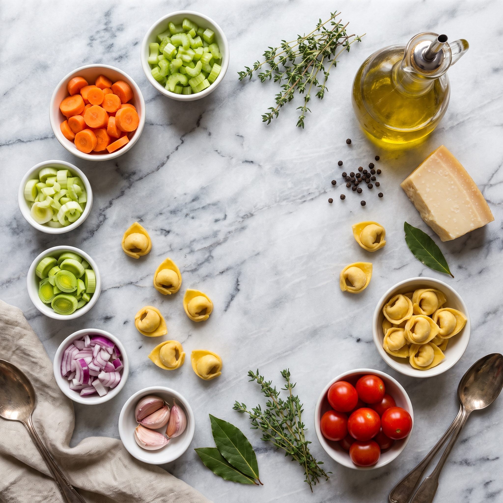 Ingredientes do capeleti em brodo dispostos sobre superfície rústica: capeleti fresco, cenouras, aipo, alho-poró, cebola, alho, tomates, tomilho, louro e parmesão