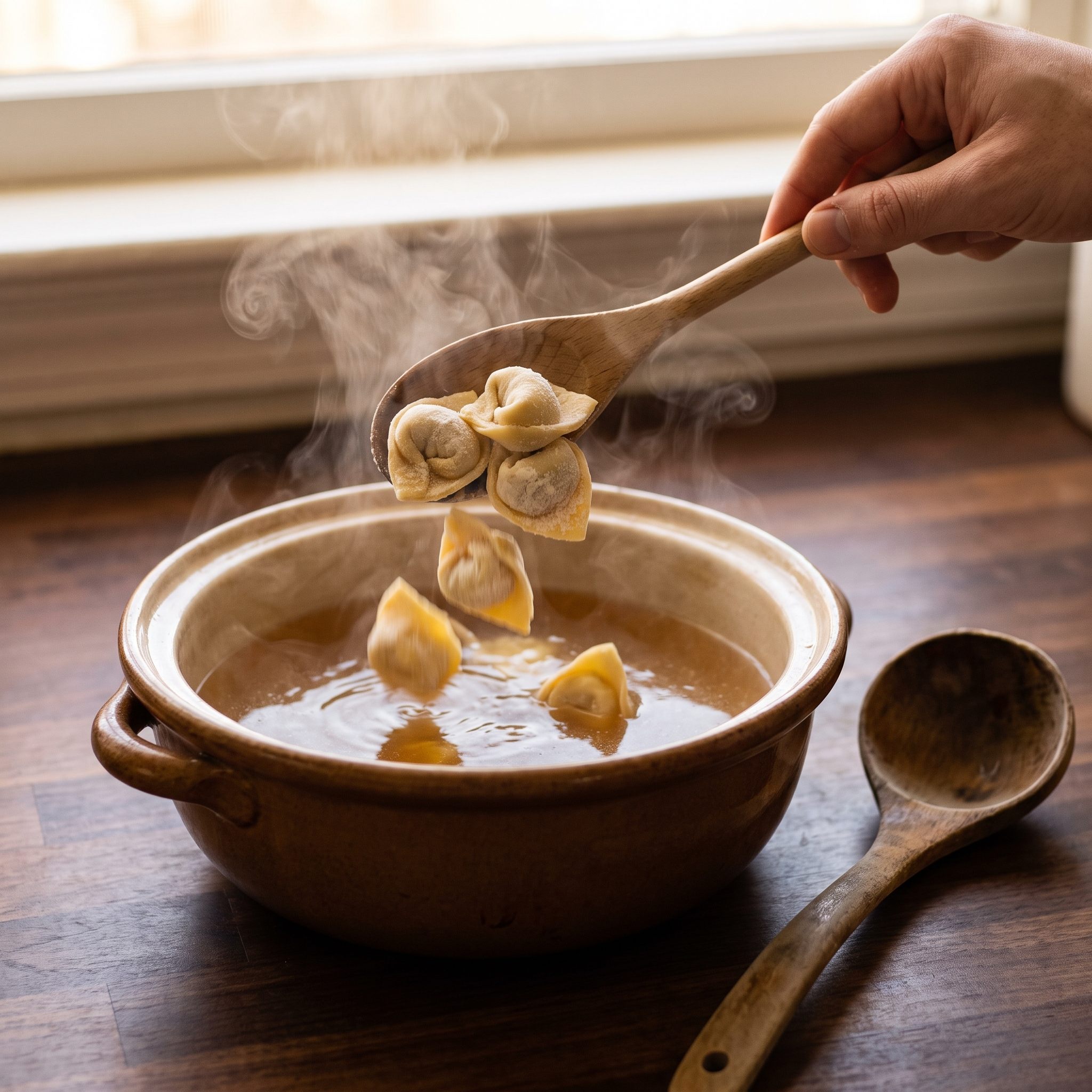 Capeleti de queijo fresco sendo adicionado ao brodo de legumes dourado em panela com vapor suave